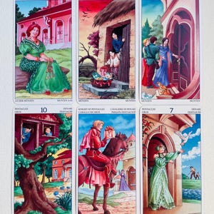 May include: A set of ten tarot cards featuring illustrations of people and buildings. The cards are numbered 1 through 10 and depict scenes from the suit of Pentacles. The cards are in a white frame with a gold border.