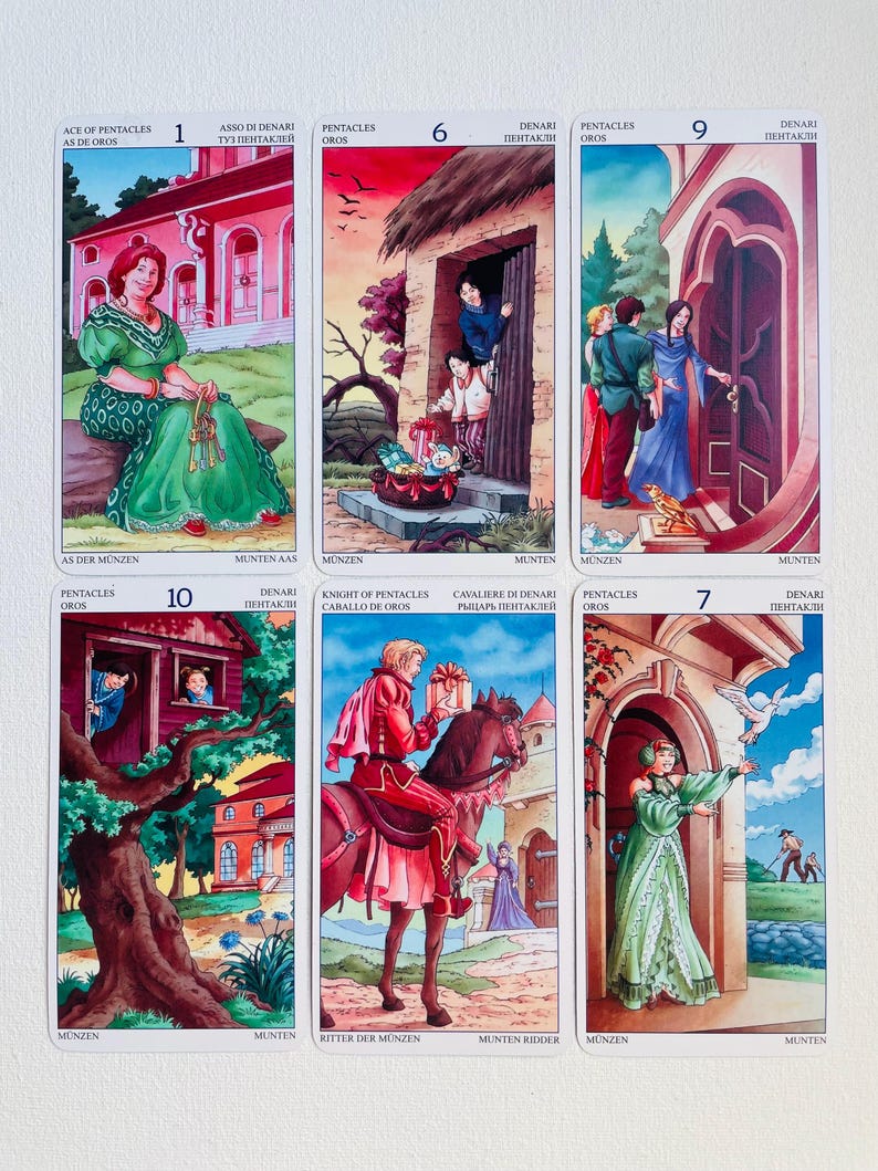 May include: A set of ten tarot cards featuring illustrations of people and buildings. The cards are numbered 1 through 10 and depict scenes from the suit of Pentacles. The cards are in a white frame with a gold border.