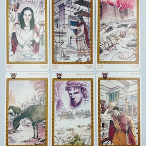 May include: A set of ten tarot cards depicting scenes from the Chalices suit. The cards feature illustrations of people, animals, and buildings in a medieval style. The cards are printed on high-quality cardstock and are designed for use in tarot readings.