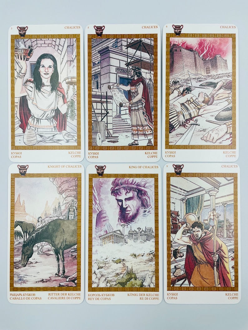 May include: A set of ten tarot cards depicting scenes from the Chalices suit. The cards feature illustrations of people, animals, and buildings in a medieval style. The cards are printed on high-quality cardstock and are designed for use in tarot readings.