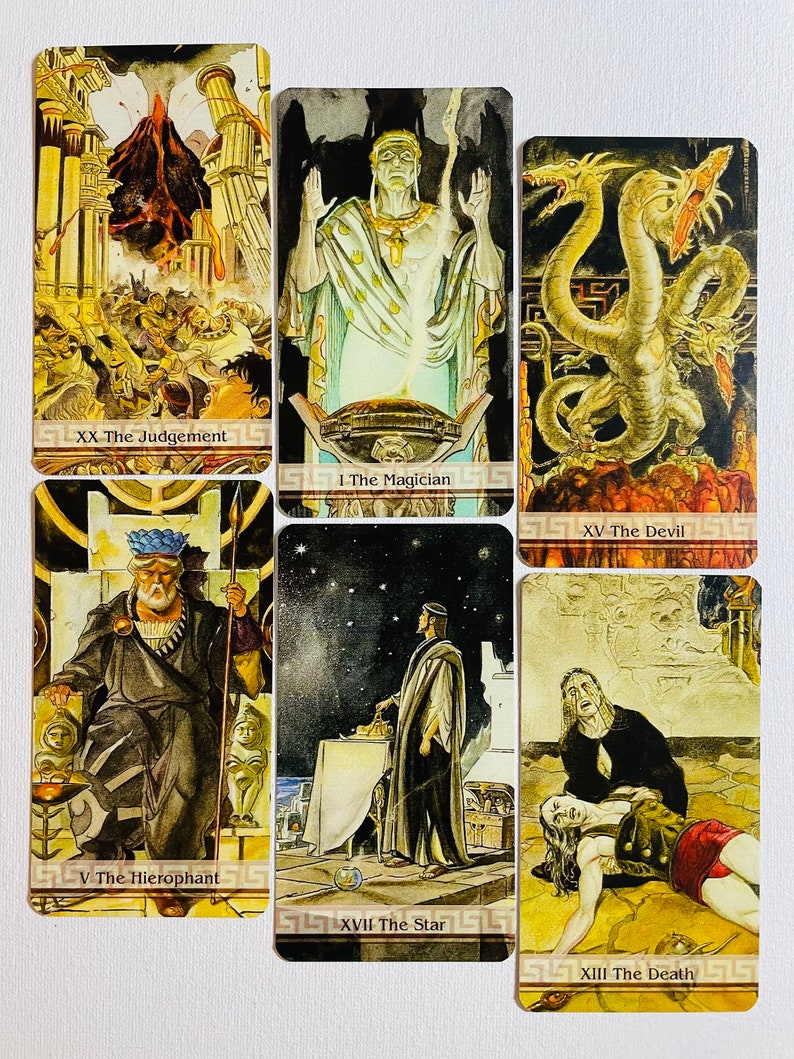 May include: A set of ten tarot cards featuring colorful illustrations of various scenes and figures. The cards include The Judgement, The Magician, The Devil, The Hierophant, The Star, and The Death.