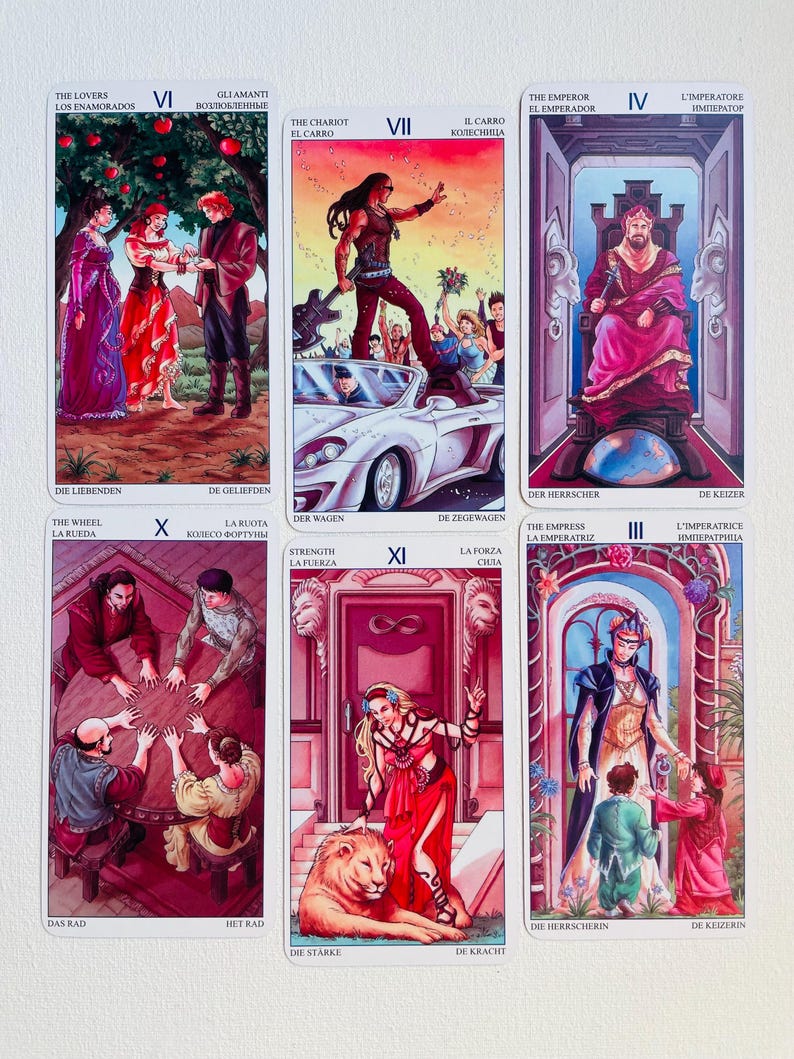 May include: Tarot card deck with colorful illustrations of the Major Arcana cards. The cards feature a variety of characters and symbols, including lovers, chariots, emperors, and empresses. The cards are numbered from I to XXI.