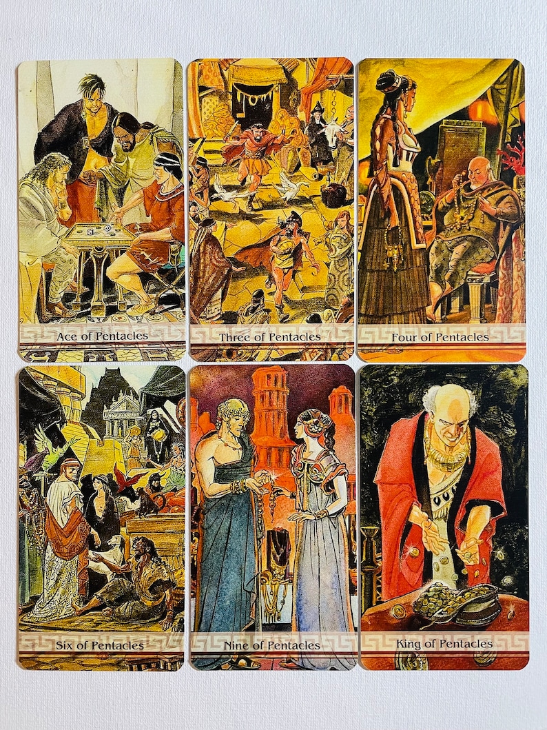 May include: A set of ten tarot cards depicting scenes from the suit of Pentacles. The cards are illustrated in a vintage style with rich colors and detailed imagery. The cards include the Ace, Three, Four, Six, Nine, and King of Pentacles.