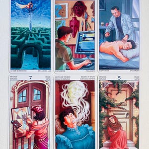 May include: A set of ten tarot cards featuring illustrations of swords, a maze, a computer, a person getting acupuncture, a door, a woman painting, a woman smoking, and a woman sitting by a door. The cards are numbered 1 through 10 and have text in Spanish, Italian, German, and Dutch.