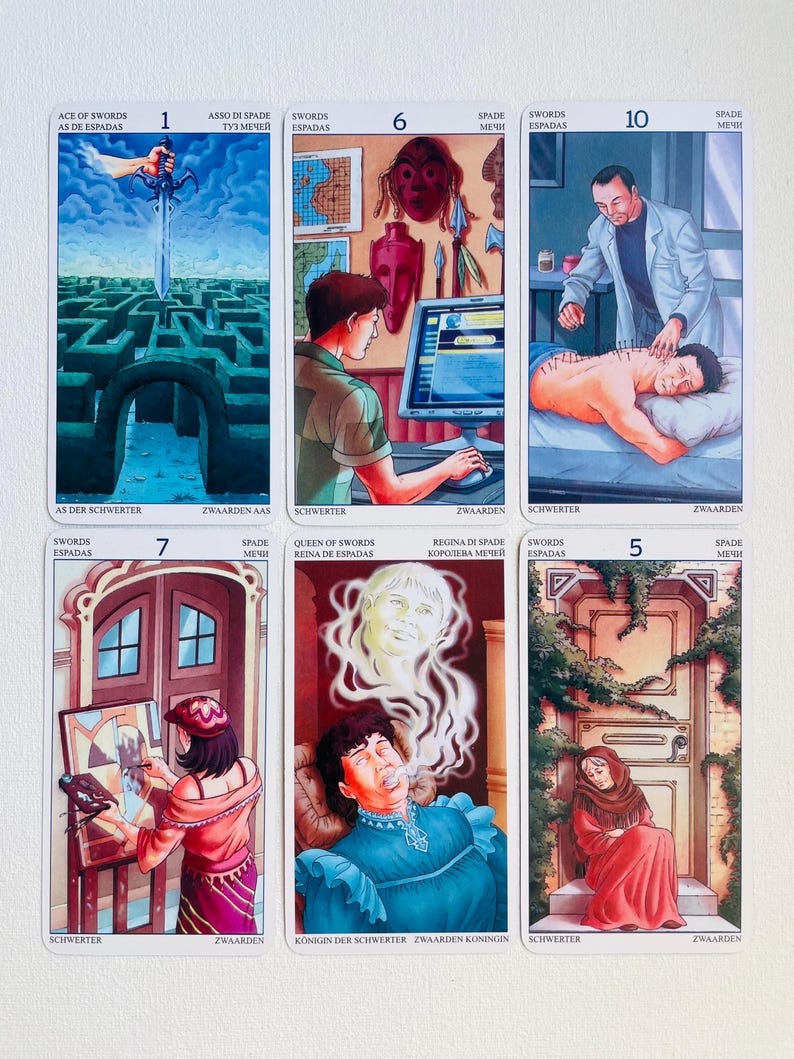 May include: A set of ten tarot cards featuring illustrations of swords, a maze, a computer, a person getting acupuncture, a door, a woman painting, a woman smoking, and a woman sitting by a door. The cards are numbered 1 through 10 and have text in Spanish, Italian, German, and Dutch.