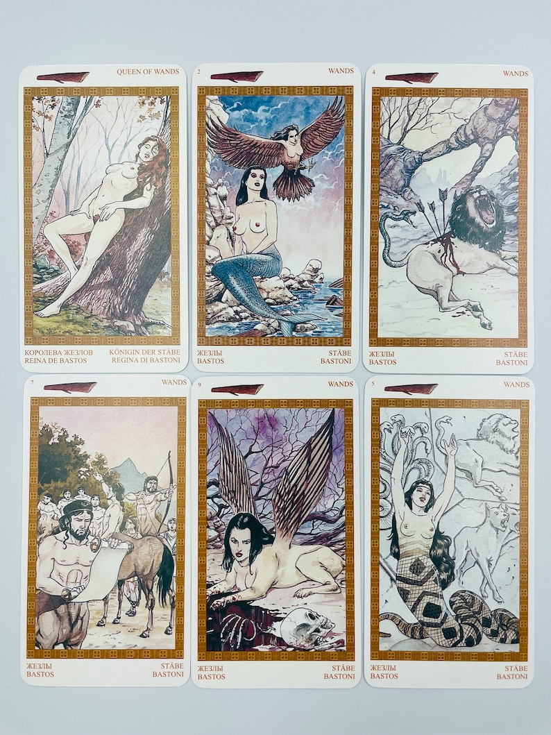 May include: A set of ten tarot cards from the Wands suit. The cards feature illustrations of a queen, a mermaid, a lion, a man with a scroll, a woman with wings, and a woman with snakes. The cards are in a white border with gold accents.