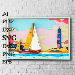 Fichiers Svg en couches de paysage marin pour projets Cricut, Mandala SVG pour découpe laser, modèles DXF pour routeur Cnc, Svg 3D nautique multicouche