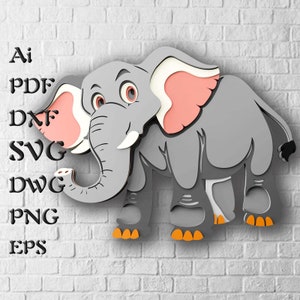 May include: A cartoon illustration of a gray elephant with pink ears and a white tusk. The elephant is standing on a white brick background.
