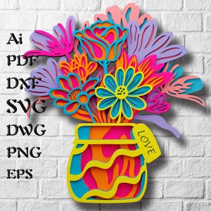 Vaso com flores, arquivos SVG multicamadas para Cricut, arquivos SVG de mandala de flores cortados a laser, decoração de casa em madeira em camadas 3D, modelos 3D Cricut