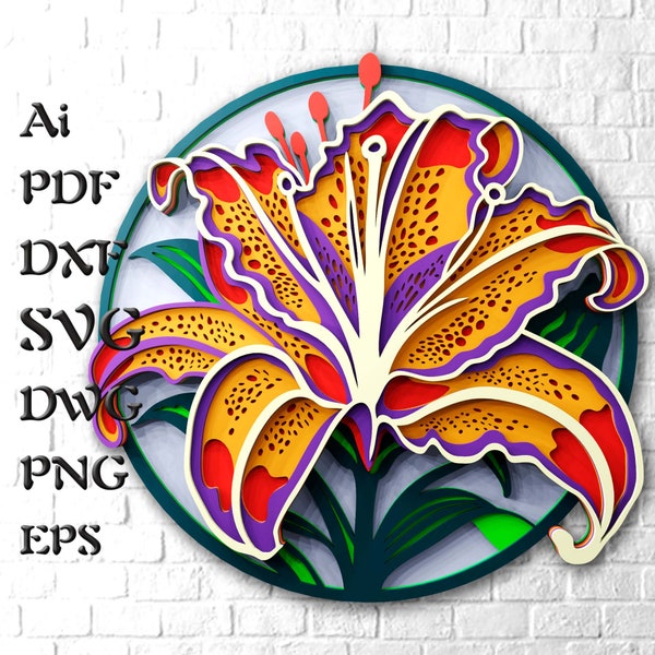 File SVG 3D Mandala Giglio, file Papercraft multistrato di fiori per Cricut, file Svg a strati per router CNC laser, cartoncino a strati 3D Svg