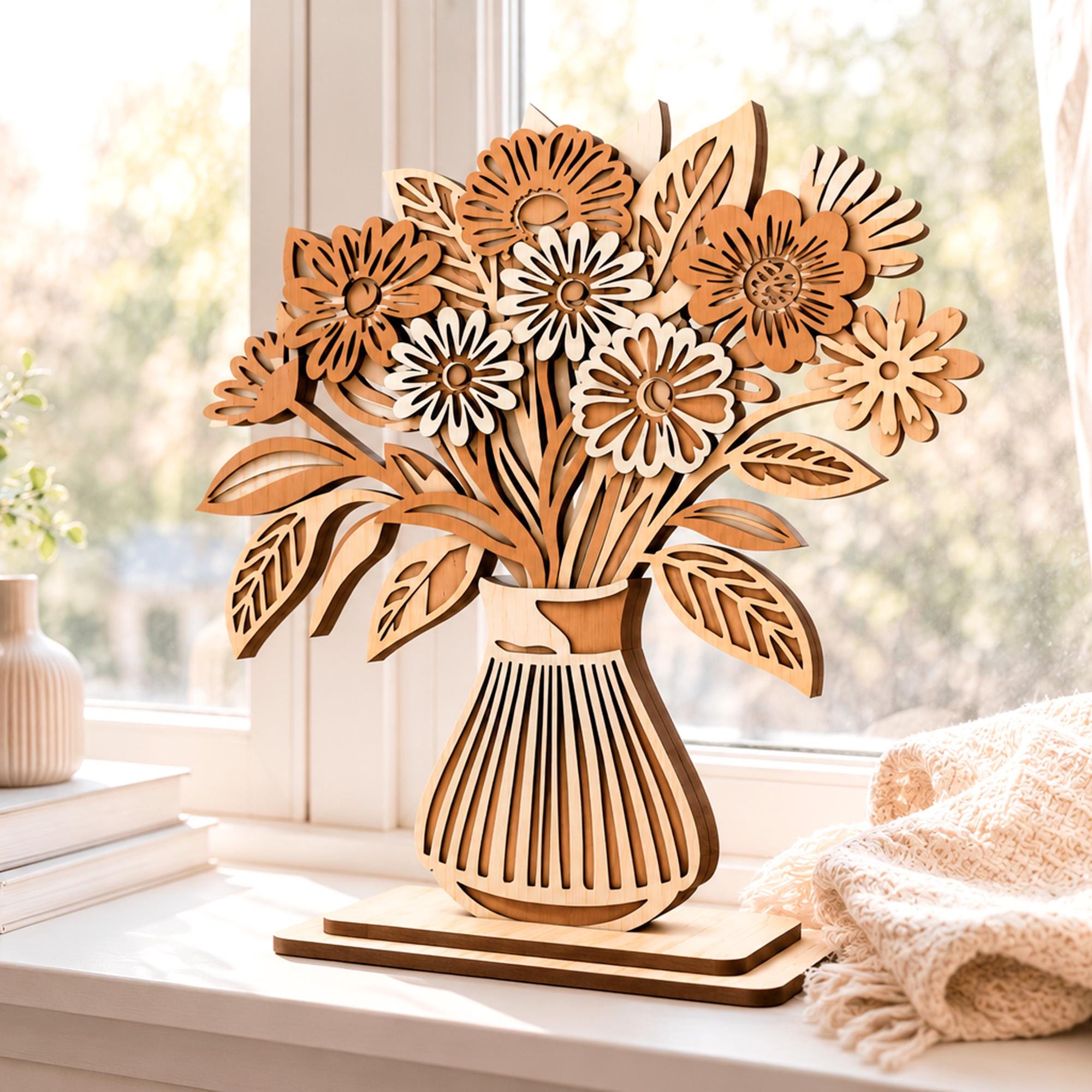 Wooden Flowers Vase Laser Cut File, 3D Multilayer Floral Home