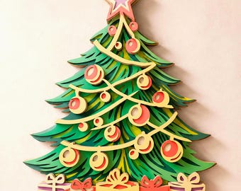 May include: A layered wooden wall decoration shaped like a Christmas tree with green foliage, red and yellow circular ornaments, a yellow star topper, and a row of colorful gift boxes at the base in shades of purple, red, and yellow.