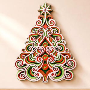 May include: A layered wall decoration shaped like a Christmas tree, featuring intricate scrollwork and swirl patterns in alternating colors of white, bright red, and dark green, topped with a multi-pointed star ornament.