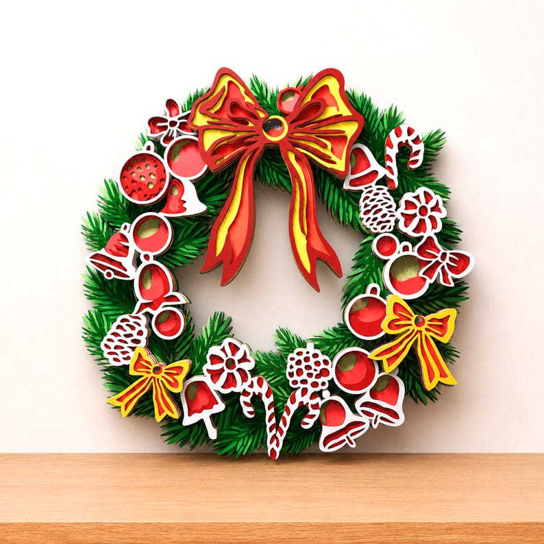May include: A Christmas wreath featuring green artificial pine needles decorated with layered wooden ornaments. The ornaments include red and yellow bows, red spheres, white bells, candy canes, and pinecones arranged around the circular frame.
