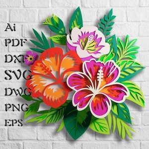Fichiers SVG mandala hibiscus, fichiers papercraft multicouches fleurs pour découpe laser, fichiers Svg en couches pour laser Cricut ou CNC, papier calque 3D découpé