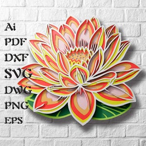 File SVG multistrato di loto, file SVG di mandala di fiori, file di carta per Cricut, file SVG a strati 3D per router laser CNC, decorazioni murali in legno 3D