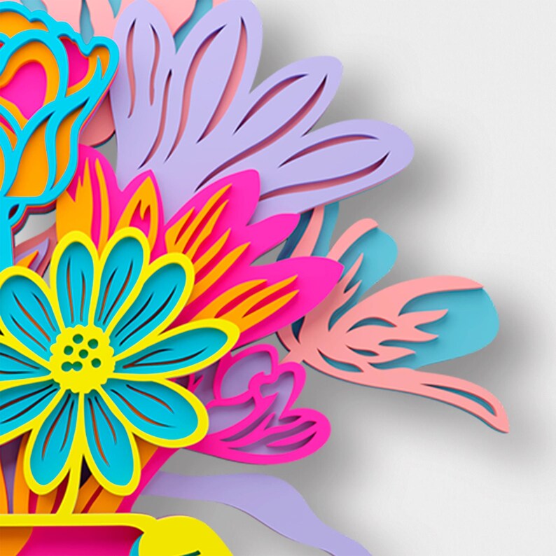 May include: A multi-layered wall art piece featuring a vibrant floral arrangement. The design consists of stacked, die-cut shapes in bright shades of neon pink, turquoise, yellow, orange, lavender, and soft peach, creating a dimensional effect.