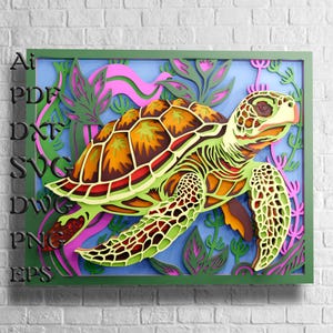 Mandala 3D de tortue de mer, fichiers SVG, panneau multicouche pour la découpe laser, modèles DXF pour routeur CNC, fichiers Cricut, fichiers Svg en couches de papier cartonné
