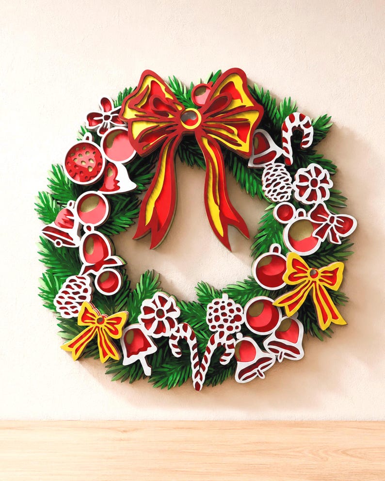 Christmas Wreath Multilayer SVG, 3D Layered Christmas Wall Art for Cricut and Laser Cutting