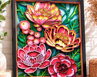 May include: A multi-layered paper art piece in a black frame featuring vibrant pink, yellow, and red flowers with green leaves. The layered design creates a three-dimensional effect with intricate cutouts of floral petals and rounded berry-like shapes.