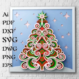 File Svg multistrato albero di Natale per progetti Cricut, file Svg mandala di Natale per taglio laser, modelli DXF per CNC, Shadow Box Svg