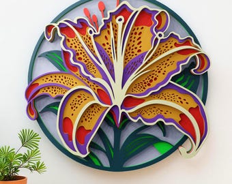 Lelie meerlaagse SVG | 3D gelaagde bloemenmandala lasergesneden Cricut CNC-bestand | Multiplexkunst: