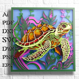 File SVG multistrato di tartarughe marine per taglio laser, file SVG a strati 3D per Shadow Box SVG, file SVG di mandala 3D per Cricut, decorazioni da parete in legno