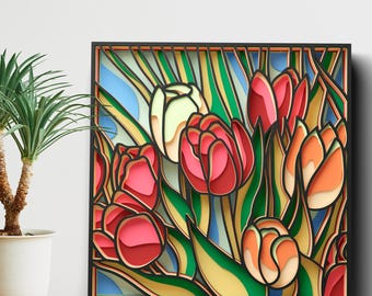 Tulips Mandala SVG Files For Cricut Projects, Layered SVG for Laser Cutting, 3D Layer Dxf Template for Cnc Router, Layered Cardstock Svg