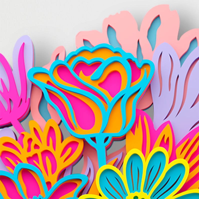 May include: A multi-layered wall art piece featuring stylized flowers in vibrant shades of hot pink, bright orange, turquoise blue, sunny yellow, and soft lavender. The design uses stacked cutouts to create depth, with bold outlines and shapes.