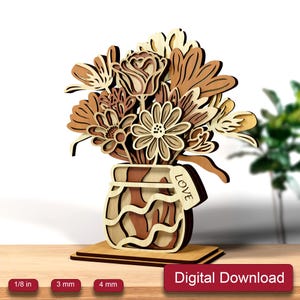 Vase with Flowers Laser Cut Files: 3D Layered Svg Plywood Cutting Files (Digital Download)