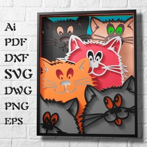 Fichiers SVG multicouche chats pour projets Cricut, fichiers 3D découpés au laser en couches pour cadeau en bois, Mandala SVG pour art mural 3D, fichier Svg 3D Shadow Box