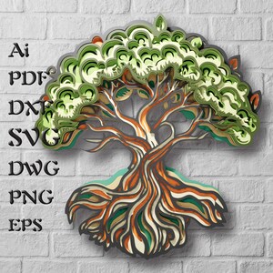 Fichier Svg multicouche Arbre de vie, art mural Svg mandala, fichiers découpés au laser pour panneau de couches 3D, papier découpé, fichiers Cricut 3D, modèles DXF CNC
