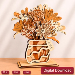 3D bloemenvaas lasersnijbestand, meerlaags lenteboeket SVG, houten tafeldecoratie (digitale download)