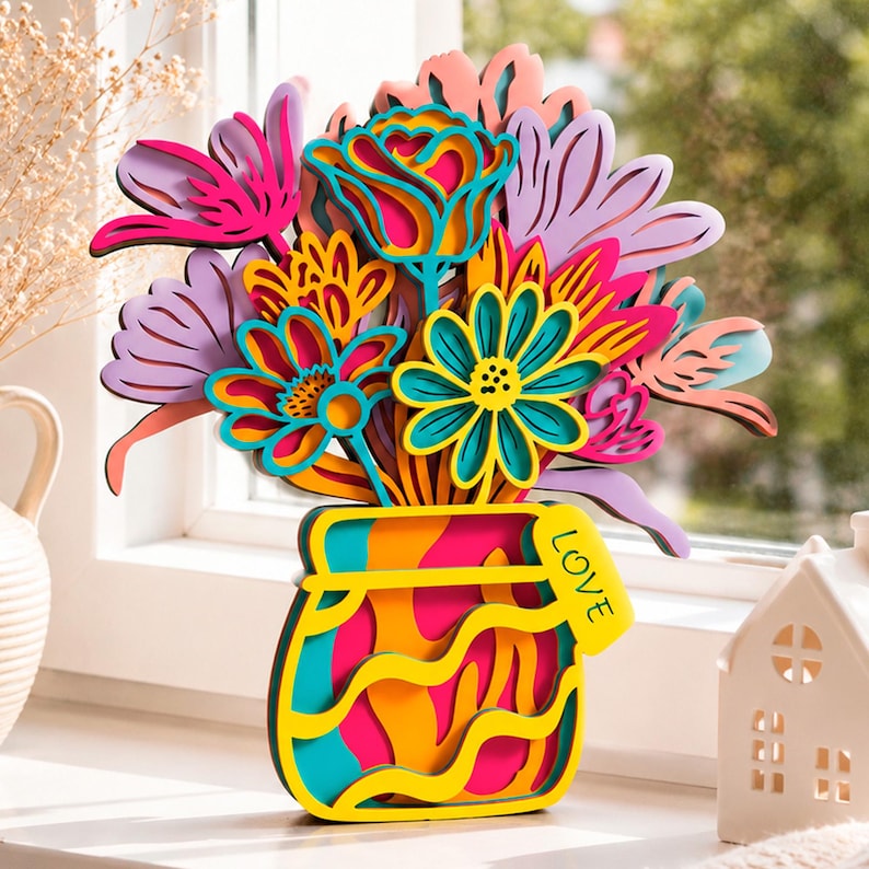 May include: A multi-layered wooden floral arrangement in a vase featuring vibrant shades of pink, orange, yellow, teal, and purple. The vase has a yellow tag attached with the word LOVE printed in black. The flowers are stylized with cut-out details.