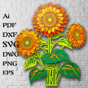 Mandala 3D tournesol fichiers SVG, panneau multicouche fleur pour découpe laser, fichiers Cricut en couches 3D, modèles DXF pour routeur CNC, papier découpé