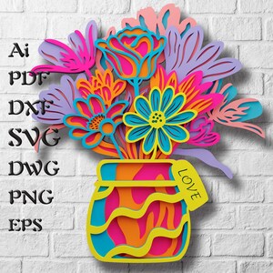 Vaas met bloemen Multilayer SVG-bestanden voor de Cricut, lasergesneden bestanden voor bloemen mandala Svg, 3D gelaagde houten Home Decor, 3D Cricut-sjablonen