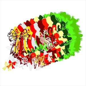 May include: A layered digital illustration featuring a vibrant green pine wreath base adorned with a collection of red, white, and yellow holiday-themed silhouettes including bows, candy canes, stockings, and various festive ornaments.