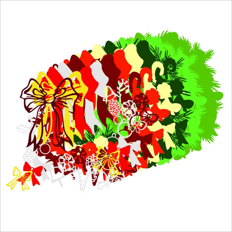 May include: A layered digital illustration featuring a vibrant green pine wreath base adorned with a collection of red, white, and yellow holiday-themed silhouettes including bows, candy canes, stockings, and various festive ornaments.