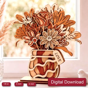 Vase with Flowers Laser Cut Files: 3D Layered Svg Plywood Cutting Files (Digital Download)