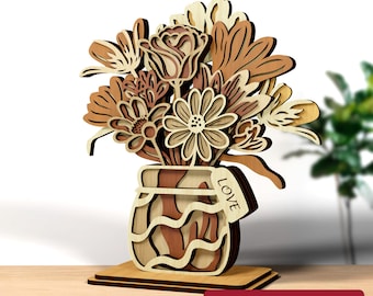 3D Wooden Flower Vase Laser Cut SVG File, Multilayer Bouquet Table Decor (Digital Download)