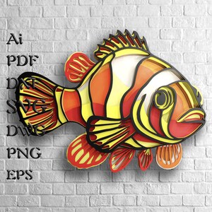 Archivos SVG multicapa de pez payaso, panel de mandala 3D para corte por láser, plantillas DXF para enrutador CNC, archivos Cricut, archivos SVG en capas de cartulina