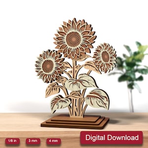 Archivos de corte láser de girasoles, decoración de mesa con flores 3D en formato SVG, SVG multicapa, ramo de flores de nacimiento de madera, archivo de corte de verano Glowforge, archivo digital