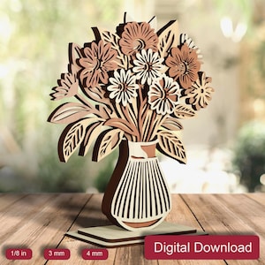 Wooden Flowers Vase Laser Cut File, 3D Multilayer Floral Home Decor SVG (Digital Download)