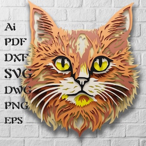 Fichiers SVG multicouches chat pour projets Cricut, fichier d'ornement chat découpé au laser couche 3D, art mural chat mandala 3D pour découpe laser et papier, routeur CNC