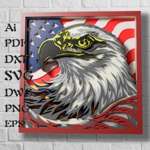 File SVG multistrato con aquila e bandiera, file SVG con mandala della bandiera americana, file Papercut con aquila calva per Cricut, file laser 3D patriottici degli Stati Uniti