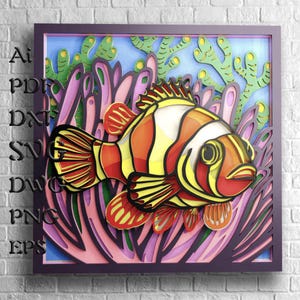 Archivos SVG de mandala 3D de pez payaso, panel multicapa para corte por láser, plantillas DXF para enrutador CNC, archivos Cricut, archivos SVG en capas de cartulina