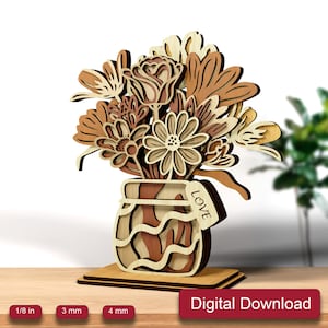 Vase with Flowers Laser Cut File, 3D Flowers Vase Table Decor Svg, Wooden Birth Flower Bouquet, Mothers Day Gift Spring Cut Digital Download