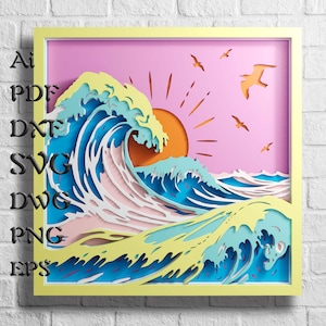 File SVG Mandala con onde oceaniche, file SVG multistrato con paesaggio marino, pannello di carta nautica ritagliata, strato 3D per taglio laser o Cricut, modelli DXF CNC