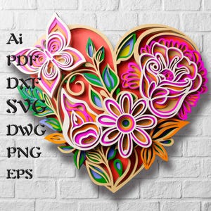 File SVG Mandala a forma di cuore floreale, pannello per matrimonio, SVG multistrato per taglio laser, modelli DXF per CNC, file Cricut, file Laser Glowforge