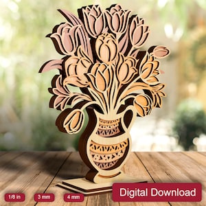 Vaso com Tulipas Arquivo de Corte a Laser, Decoração de Mesa de Vaso de Flores 3D Svg, Buquê de Flores de Nascimento de Madeira, Presente de Dia das Mães, Download Digital de Corte de Primavera